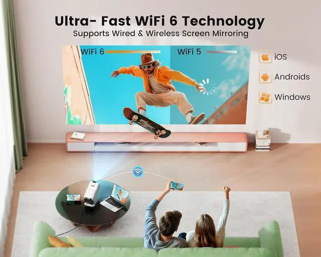 Alt view image 6 of 7 - 270°Adjustable StandMini Projector 4K with WiFi 6 and Bluetooth,TOPTRO Native HD 1080P Outdoor Portable Projector,Auto Keystone Home Theater Movie Projector for iOS/HDMI/TV Stick/PS5
