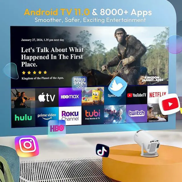 Alt view image 3 of 7 - Smart Mini Projector WiFi6 Bluetooth 5.0 XGODY Gimbal 3 Protable Projector 12000L Support 4K with Android TV 11.0, Auto Keystone Correction Video Projector, 180°Rotatable Stand for Home Movie