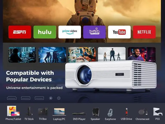 Alt view image 7 of 7 - Projector with WiFi 6 and Bluetooth 5.2, 600 ANSI Native 1080P 4K Supported, Agreago Outdoor Projector with Screen, Movie Projector Compatible with HDMI/USB/TV Stick