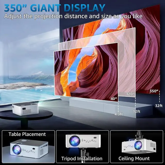 Alt view image 3 of 6 - Projector with WiFi and Bluetooth, 5G WiFi Native 1080P/16000L Video Projector with Screen,4K Support Outdoor Projector, 350'' Display Phone Projector with Carry Bag &Tripod for iPhone, TV Stick, Mac