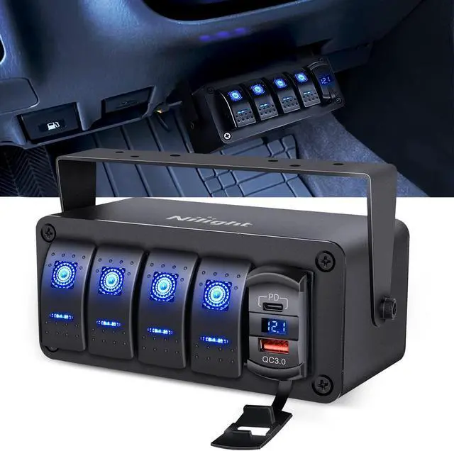 Main image of 4 Gang Rocker Switch Box 12V SPST ON Off Switch PD Type C and QC 3.0 USB Charger Voltmeter Waterproof Aluminum Rocker Switch Panel DIY Stickers for Boats Cars RVs Trucks