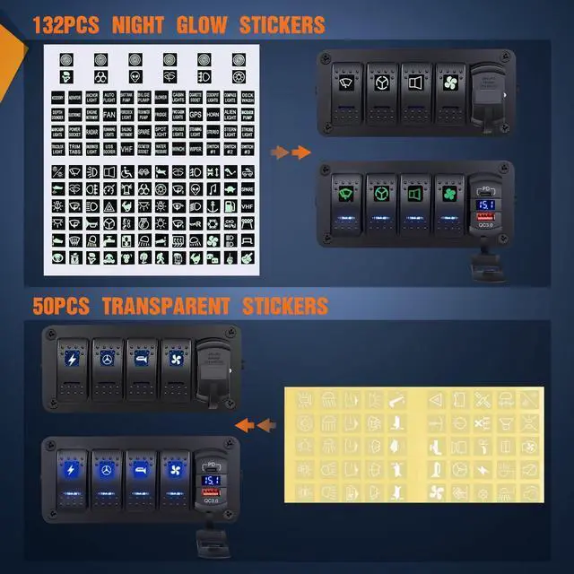 Alt view image 3 of 7 - 4 Gang Rocker Switch Box 12V SPST ON Off Switch PD Type C and QC 3.0 USB Charger Voltmeter Waterproof Aluminum Rocker Switch Panel DIY Stickers for Boats Cars RVs Trucks