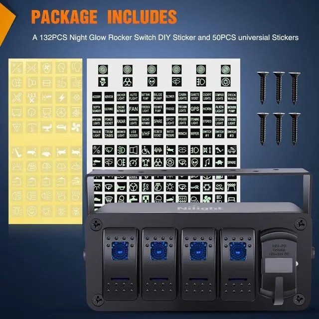 Alt view image 5 of 7 - 4 Gang Rocker Switch Box 12V SPST ON Off Switch PD Type C and QC 3.0 USB Charger Voltmeter Waterproof Aluminum Rocker Switch Panel DIY Stickers for Boats Cars RVs Trucks