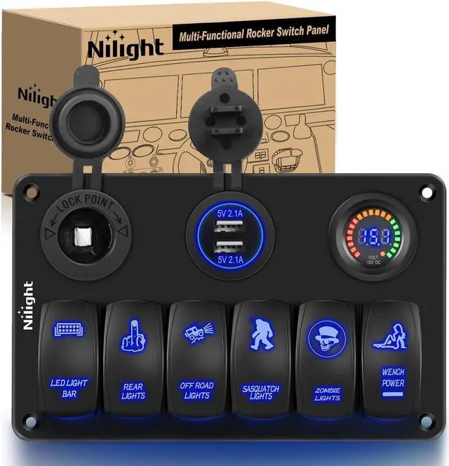 Main image of Nilight 6 Gang Rocker Switch Panel Laser Etched Aluminum Panel LED Light Bar Switch Panel with Cigarette Lighter and Dual USB Charger and Voltmeter for 12V-24V Cars Trailers UTV Boats RVs Campers