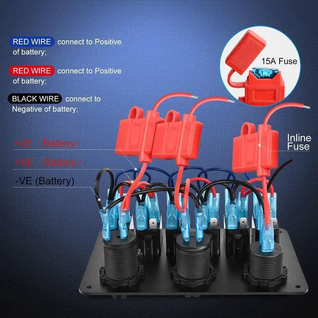 Alt view image 4 of 7 - Nilight 6 Gang Rocker Switch Panel Laser Etched Aluminum Panel LED Light Bar Switch Panel with Cigarette Lighter and Dual USB Charger and Voltmeter for 12V-24V Cars Trailers UTV Boats RVs Campers