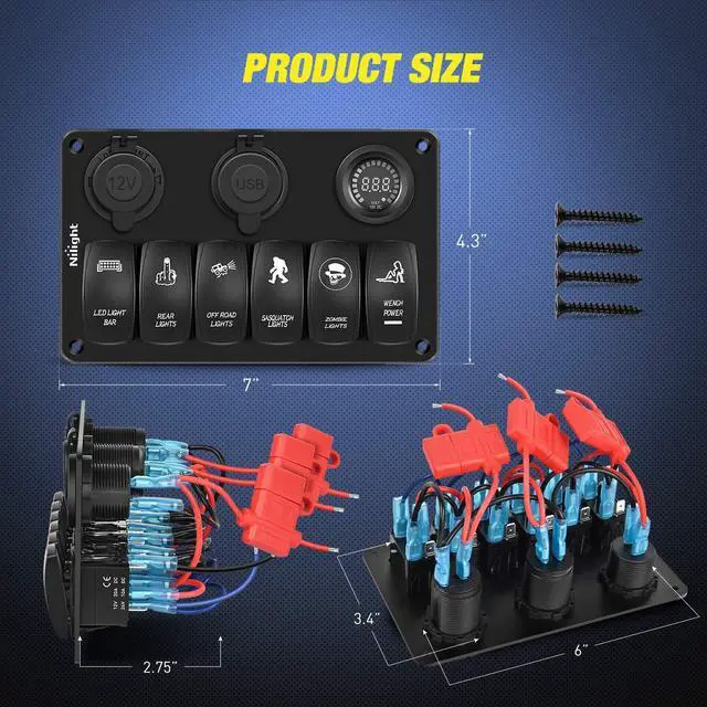 Alt view image 5 of 7 - Nilight 6 Gang Rocker Switch Panel Laser Etched Aluminum Panel LED Light Bar Switch Panel with Cigarette Lighter and Dual USB Charger and Voltmeter for 12V-24V Cars Trailers UTV Boats RVs Campers