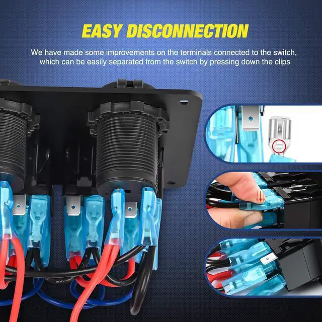 Alt view image 6 of 7 - Nilight 6 Gang Rocker Switch Panel Laser Etched Aluminum Panel LED Light Bar Switch Panel with Cigarette Lighter and Dual USB Charger and Voltmeter for 12V-24V Cars Trailers UTV Boats RVs Campers