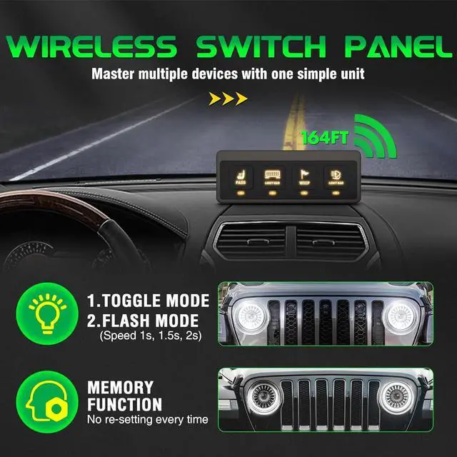 Alt view image 2 of 7 - 4 Gang Wireless Switch Panel, Auxiliary Car Swtich Panel with 2 Light Modes Memory Function, 12V 60A Universal Relay Switch Box for Truck Offroad SUV UTV ATV Boat Marine