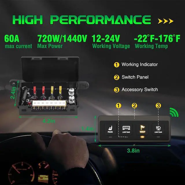Alt view image 5 of 7 - 4 Gang Wireless Switch Panel, Auxiliary Car Swtich Panel with 2 Light Modes Memory Function, 12V 60A Universal Relay Switch Box for Truck Offroad SUV UTV ATV Boat Marine