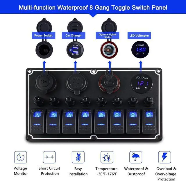 Alt view image 4 of 7 - 8 Gang Waterproof Multi-Function Toggle Switch Panel with Dual USB Charger+Power Socket+Voltmeter+Cigarette Lighter Socket Overload Protection,12v/24v Switch Panel for RV Marine Boat Car Vehicle Truck