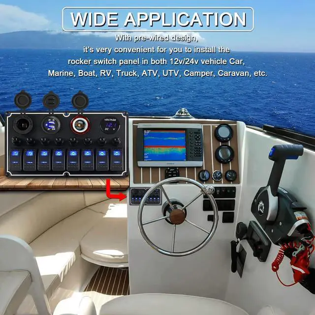 Alt view image 6 of 7 - 8 Gang Waterproof Multi-Function Toggle Switch Panel with Dual USB Charger+Power Socket+Voltmeter+Cigarette Lighter Socket Overload Protection,12v/24v Switch Panel for RV Marine Boat Car Vehicle Truck