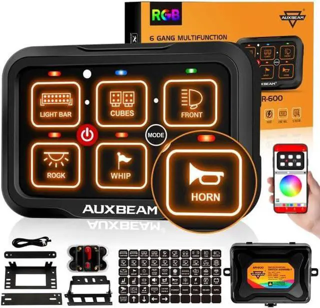 Main image of 6 Gang Switch Panel Bluetooth RGB AR-600 with Toggle Momentary Pulsed Modes Multifunctional Switch pod with Manual and Automatic Backlit Control Boat Switch Panel for Truck Car ATV Waterproof