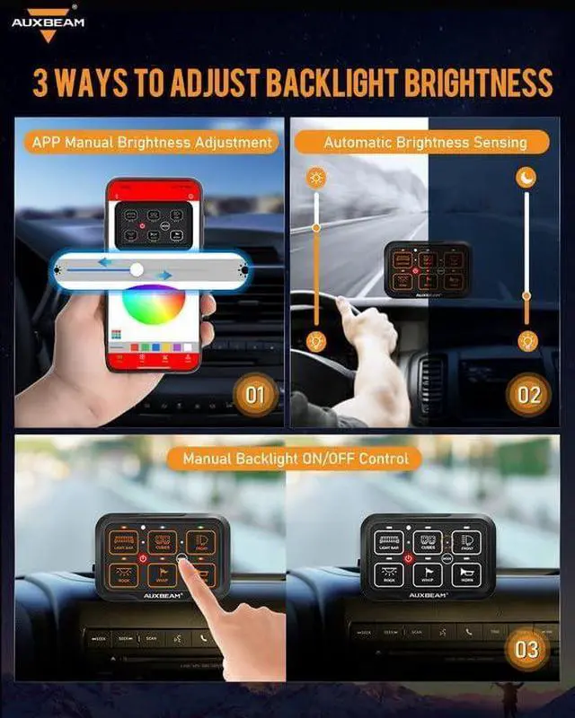 Alt view image 3 of 7 - 6 Gang Switch Panel Bluetooth RGB AR-600 with Toggle Momentary Pulsed Modes Multifunctional Switch pod with Manual and Automatic Backlit Control Boat Switch Panel for Truck Car ATV Waterproof