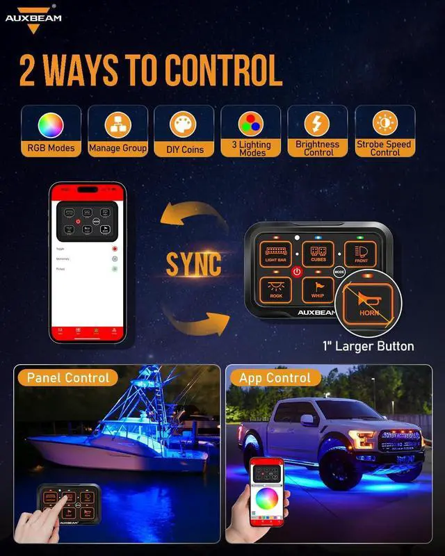 Alt view image 2 of 7 - 6 Gang Switch Panel Bluetooth RGB AR-600 with Toggle Momentary Pulsed Modes Multifunctional Switch pod with Manual and Automatic Backlit Control Boat Switch Panel for Truck Car ATV Waterproof