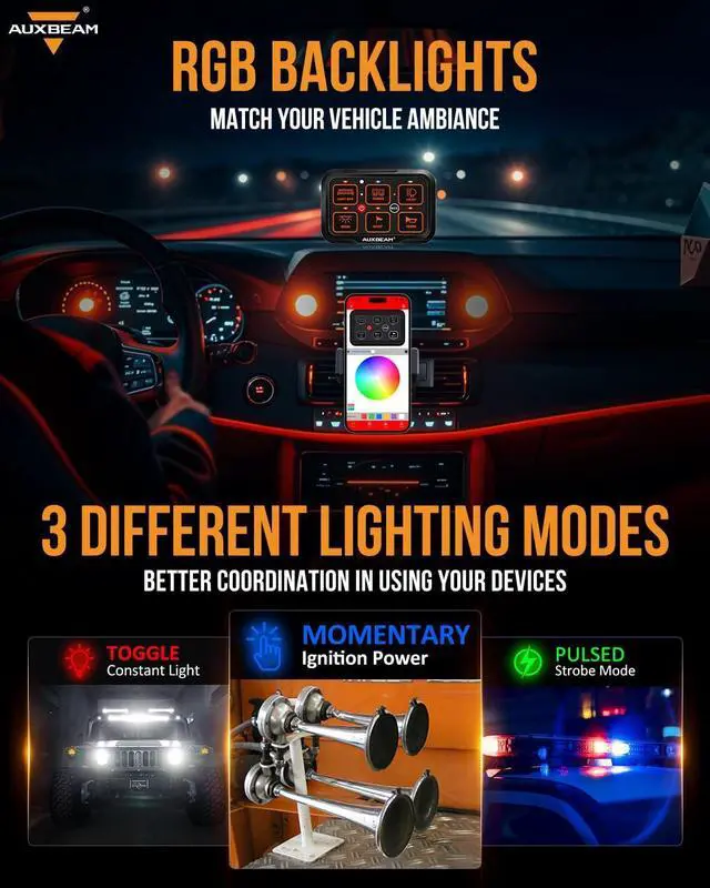 Alt view image 4 of 7 - 6 Gang Switch Panel Bluetooth RGB AR-600 with Toggle Momentary Pulsed Modes Multifunctional Switch pod with Manual and Automatic Backlit Control Boat Switch Panel for Truck Car ATV Waterproof