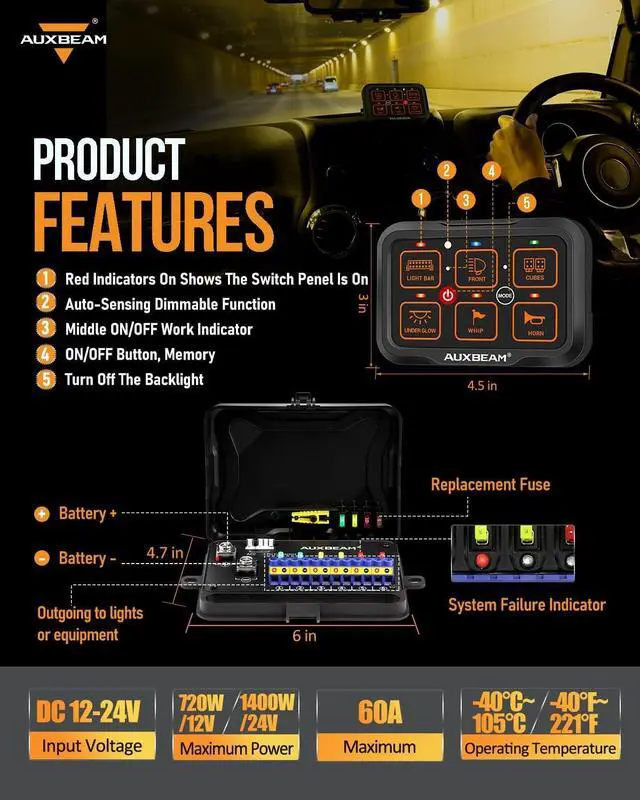 Alt view image 6 of 7 - 6 Gang Switch Panel Bluetooth RGB AR-600 with Toggle Momentary Pulsed Modes Multifunctional Switch pod with Manual and Automatic Backlit Control Boat Switch Panel for Truck Car ATV Waterproof