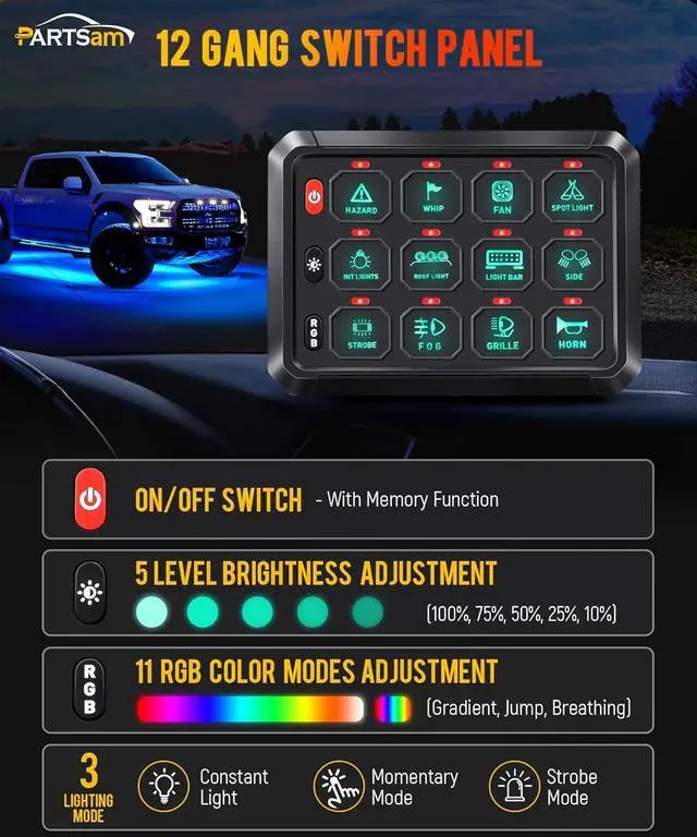 Alt view image 2 of 7 - 5.5 Inch RGB 12 Gang Switch Panel, 3 Silicone Button 5 Brightness Levels Multifunction Toggle Switch Button Auxiliary Circuit Control Box Electronic Relay for Truck RV ATV UTV Boat