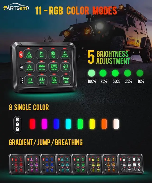 Alt view image 5 of 7 - 5.5 Inch RGB 12 Gang Switch Panel, 3 Silicone Button 5 Brightness Levels Multifunction Toggle Switch Button Auxiliary Circuit Control Box Electronic Relay for Truck RV ATV UTV Boat