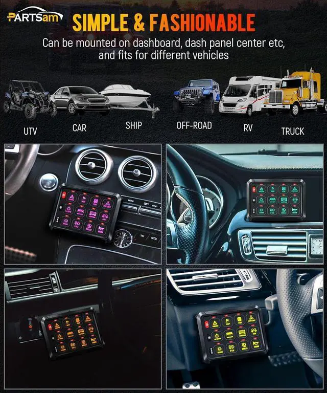 Alt view image 6 of 7 - 5.5 Inch RGB 12 Gang Switch Panel, 3 Silicone Button 5 Brightness Levels Multifunction Toggle Switch Button Auxiliary Circuit Control Box Electronic Relay for Truck RV ATV UTV Boat