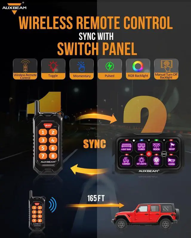 Alt view image 3 of 7 - 8 Gang Switch Panel RC-800 RGB Wireless Remote Control Range Up to 165FT Multifunction Switch Pod 3 lighting modes with Backlit Off and Auto Dimmable for RV Offroad Waterproof 2 Years Warranty