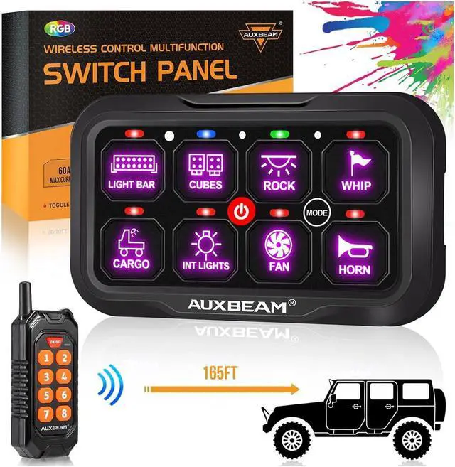 Main image of 8 Gang Switch Panel RC-800 RGB Wireless Remote Control Range Up to 165FT Multifunction Switch Pod 3 lighting modes with Backlit Off and Auto Dimmable for RV Offroad Waterproof 2 Years Warranty