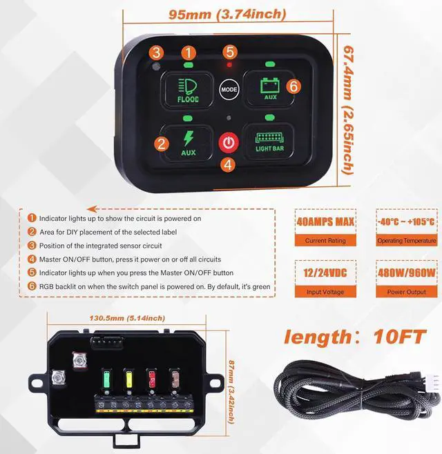 Alt view image 2 of 7 - 4 Gang Switch Panel, 40A Automotive Switch Panel with 3 Lighting Modes Built-in Solid State Relays Auto Dimmable RGB Backlit Function 12V Waterproof Control Panel for Truck UTV Marine