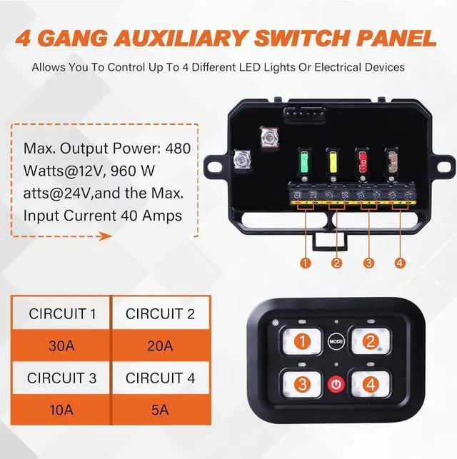 Alt view image 3 of 7 - 4 Gang Switch Panel, 40A Automotive Switch Panel with 3 Lighting Modes Built-in Solid State Relays Auto Dimmable RGB Backlit Function 12V Waterproof Control Panel for Truck UTV Marine