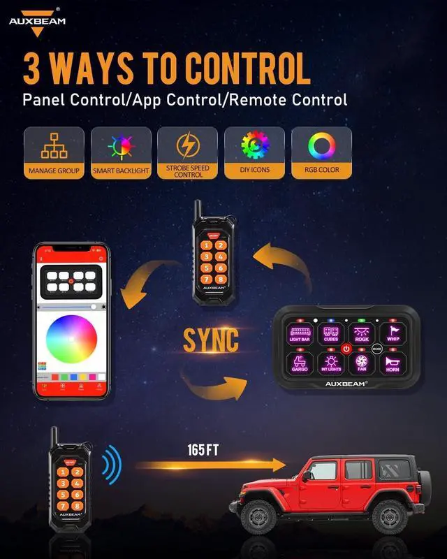 Alt view image 2 of 7 - 8 Gang Switch Panel Bluetooth RGB AC-800 with APP&Remote Control Toggle Momentary Pulsed Switch Pod Off Backlight for Truck Offroad UTV ATV Car Marine 12-24V Waterproof 2 Years Warranty