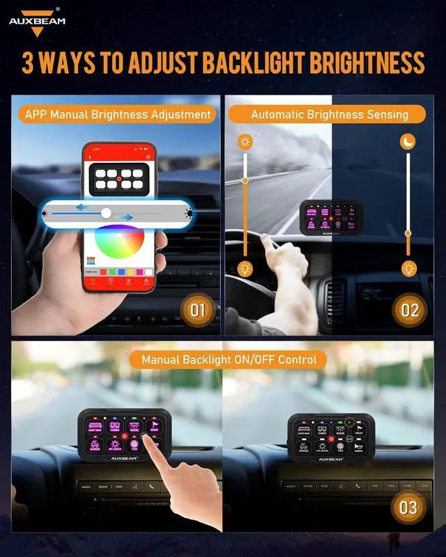 Alt view image 6 of 7 - 8 Gang Switch Panel Bluetooth RGB AC-800 with APP&Remote Control Toggle Momentary Pulsed Switch Pod Off Backlight for Truck Offroad UTV ATV Car Marine 12-24V Waterproof 2 Years Warranty