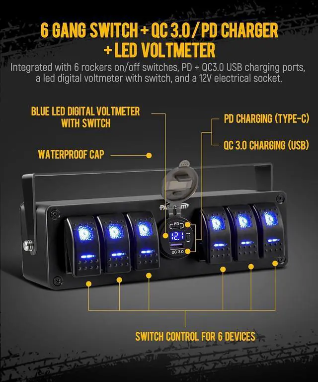 Alt view image 3 of 7 - 6 Gang Rocker Switch Panel Box12V-24V Aluminum Boat Marine Toggle Switch with USB and Type C Charger Voltmeter w/Fuses Waterproof Gasket for Car Pickup RV Van SUV UVT ATV