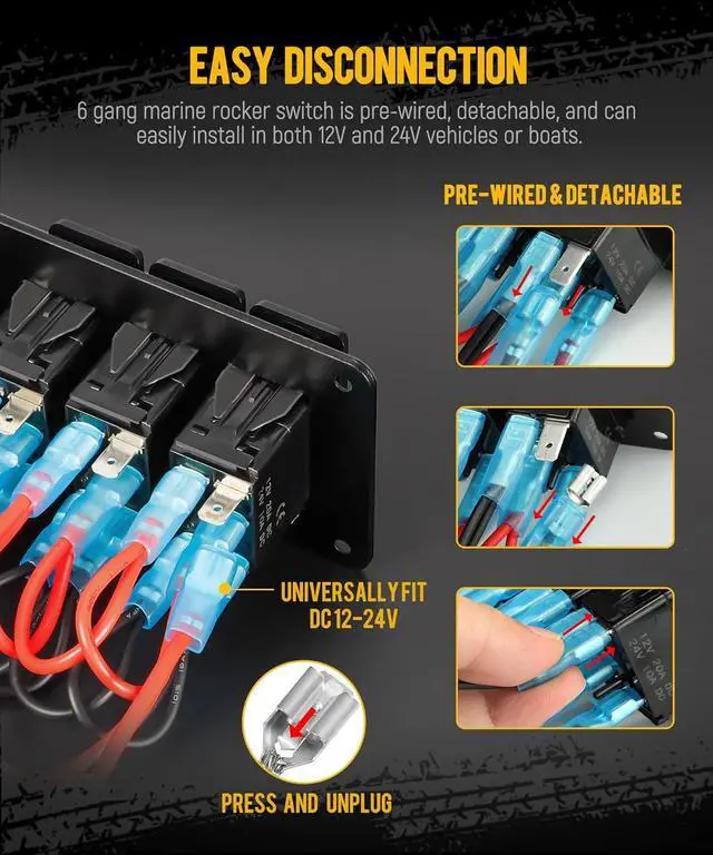 Alt view image 4 of 7 - 6 Gang Rocker Switch Panel Box12V-24V Aluminum Boat Marine Toggle Switch with USB and Type C Charger Voltmeter w/Fuses Waterproof Gasket for Car Pickup RV Van SUV UVT ATV