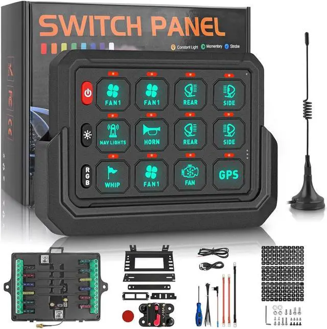 Main image of Wireless RGB 12 Gang Switch Panel 265 Ft Circuit Control Relay System Switch Panel Universal for Off-Road Truck UTV ATV Boat