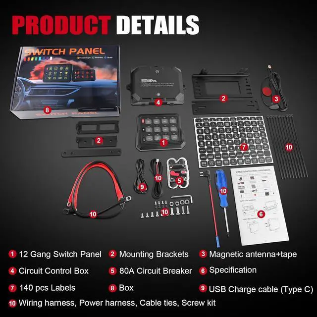 Alt view image 7 of 7 - Wireless RGB 12 Gang Switch Panel 265 Ft Circuit Control Relay System Switch Panel Universal for Off-Road Truck UTV ATV Boat