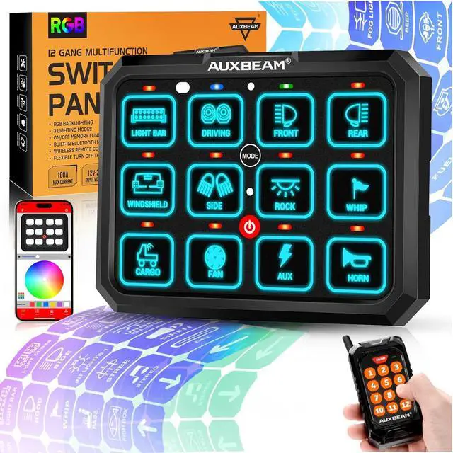 Main image of RGB 12 Gang Bluetooth Switch Panel AC-1200 w/165FT Long Range 433MHz Wireless Remote Control, Auto-Dimmable Switch Panel w/Toggle Momentary Pulsed, LED Switch Pod for Truck Car Boat Waterproof