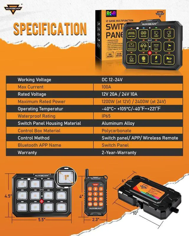 Alt view image 6 of 7 - RGB 12 Gang Bluetooth Switch Panel AC-1200 w/165FT Long Range 433MHz Wireless Remote Control, Auto-Dimmable Switch Panel w/Toggle Momentary Pulsed, LED Switch Pod for Truck Car Boat Waterproof