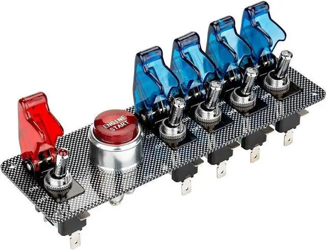 Main image of dc12v flip-up Ignition Switch Panel,5 in 1 car Engine Start Push Button led Toggle Switch Panel for Racing Sport Competitive car (4 Blue 1 Red)