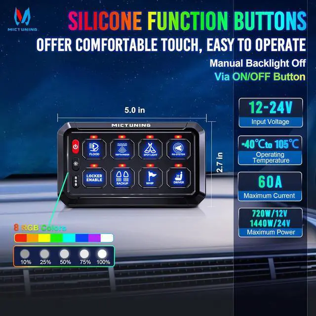 Alt view image 2 of 7 - Upgraded P1s-X RGB 5 Inch 8 Gang Switch Panel, Multifunction Toggle Momentary Strobe Pulsed Switch Pod, 5-Level Brightness Circuit Control Relay System Box for Truck RV Offroad