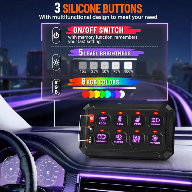 Alt view image 2 of 7 - Switch Panel 8 Gang Switch Panel Universal Circuit Control Relay System LED Control Panel Switch Touch Switch Box for Car Truck Boat Marine ATV UTV SUV - RGB