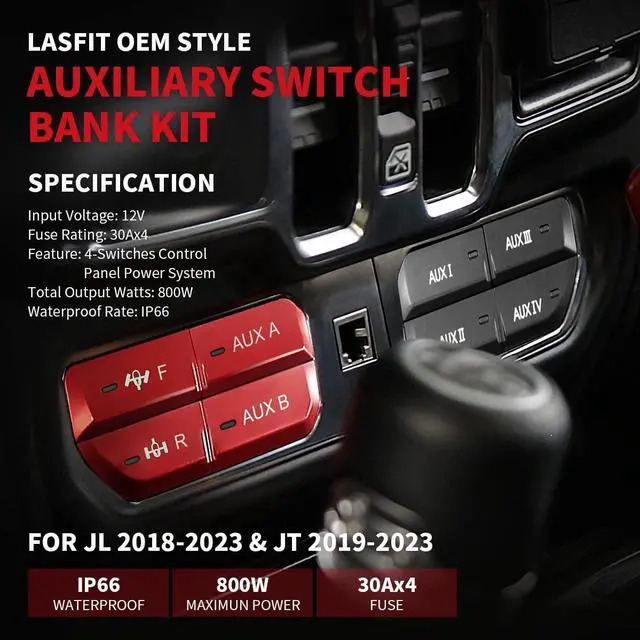 Alt view image 2 of 7 - No Software Update Required OEM Style Plug&Play Front & Rear Locker Switch Aux Switch Panel Dash 4 Buttons for JL 2018-2023 & JT 2019-2023, Red, for LASFIT
