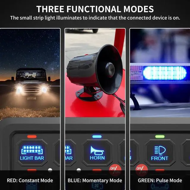 Alt view image 3 of 7 - 8 Gang Switch Panel RGB LED Lighted Multi-Function Switch Pod Toggle Momentary Pulsed Touch Control Switch Panel Dimmable for Car Truck ATV UTV Boat