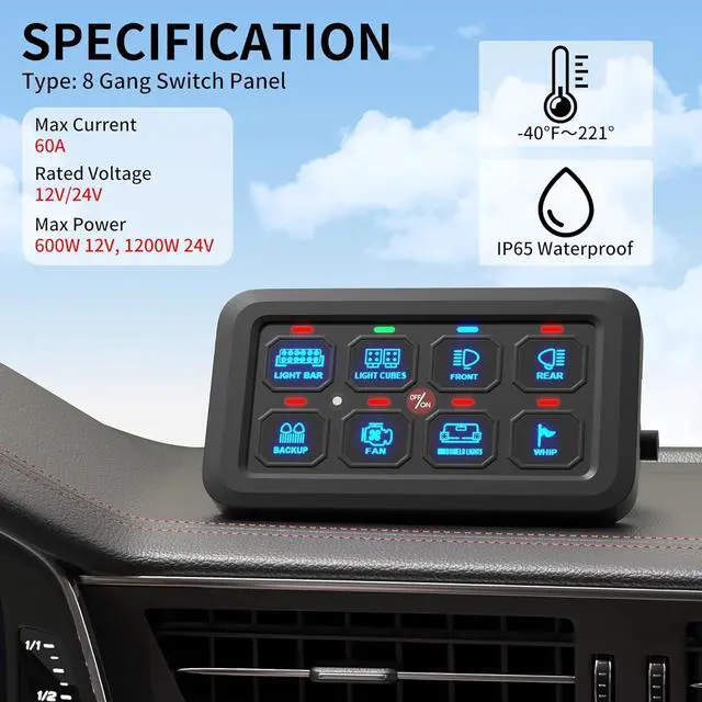 Alt view image 2 of 7 - 8 Gang Switch Panel RGB LED Lighted Multi-Function Switch Pod Toggle Momentary Pulsed Touch Control Switch Panel Dimmable for Car Truck ATV UTV Boat