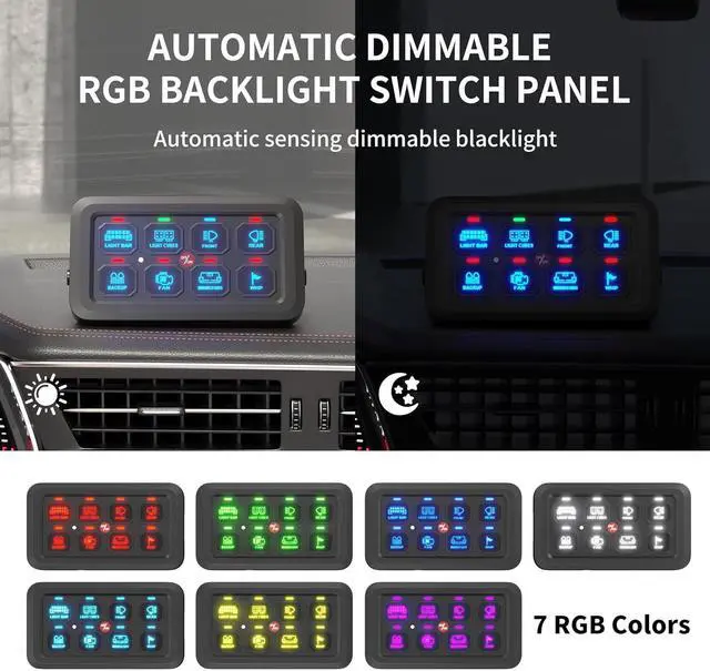 Alt view image 4 of 7 - 8 Gang Switch Panel RGB LED Lighted Multi-Function Switch Pod Toggle Momentary Pulsed Touch Control Switch Panel Dimmable for Car Truck ATV UTV Boat