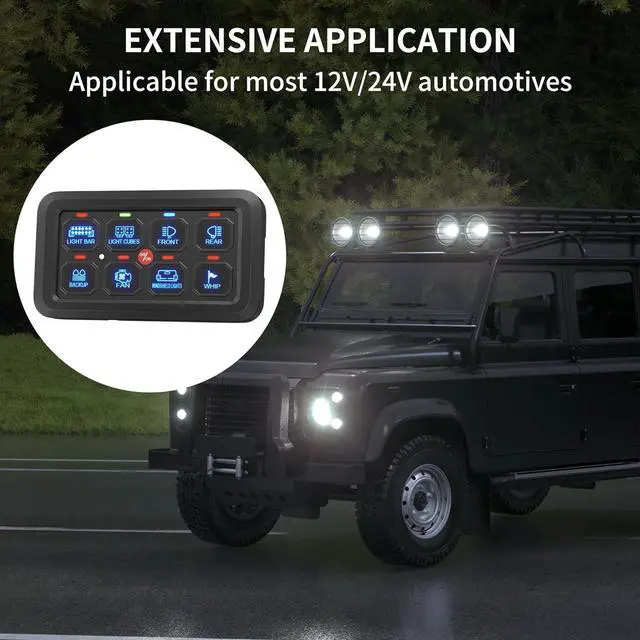 Alt view image 6 of 7 - 8 Gang Switch Panel RGB LED Lighted Multi-Function Switch Pod Toggle Momentary Pulsed Touch Control Switch Panel Dimmable for Car Truck ATV UTV Boat