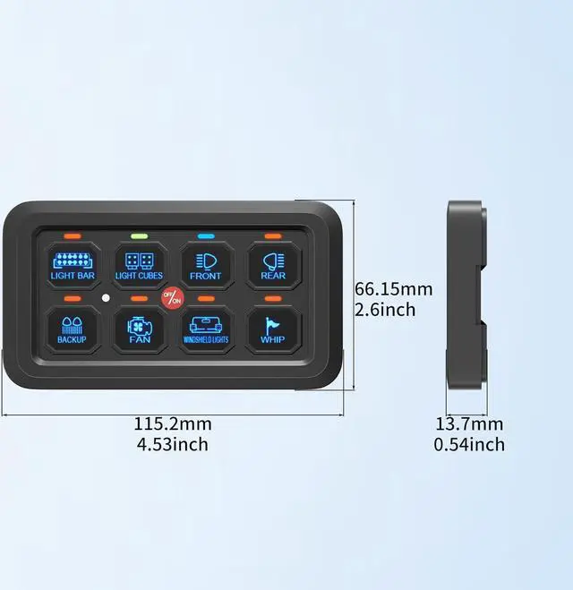 Alt view image 7 of 7 - 8 Gang Switch Panel RGB LED Lighted Multi-Function Switch Pod Toggle Momentary Pulsed Touch Control Switch Panel Dimmable for Car Truck ATV UTV Boat