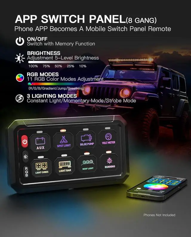 Alt view image 2 of 6 - RGB 8 Gang Switch Panel, Marine Switch Panel Box, Multifunction Offroad Light Switch Panel, Wireless Auxiliary LED Switch Pod for 12V/24V Car Truck Jeep SUV Boat Marine, Waterproof, Phone Control