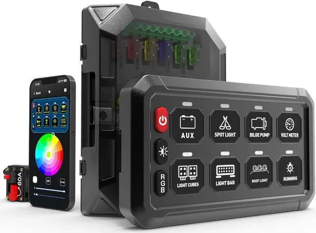 Main image of RGB 8 Gang Switch Panel, Marine Switch Panel Box, Multifunction Offroad Light Switch Panel, Wireless Auxiliary LED Switch Pod for 12V/24V Car Truck Jeep SUV Boat Marine, Waterproof, Phone Control
