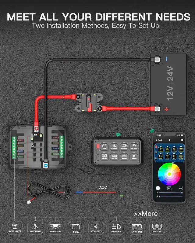Alt view image 4 of 6 - RGB 8 Gang Switch Panel, Marine Switch Panel Box, Multifunction Offroad Light Switch Panel, Wireless Auxiliary LED Switch Pod for 12V/24V Car Truck Jeep SUV Boat Marine, Waterproof, Phone Control