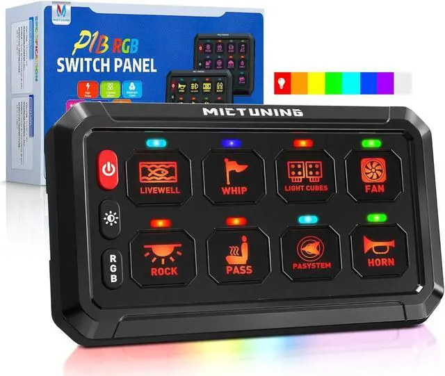 Main image of P1B RGB 8 Gang Switch Panel, Multifunction Toggle Momentary Flash Strobe Pulsed Switch Pod with Backlit Off, 5-Level Brightness Circuit Control Relay System Box for Truck RV Offroad Marine