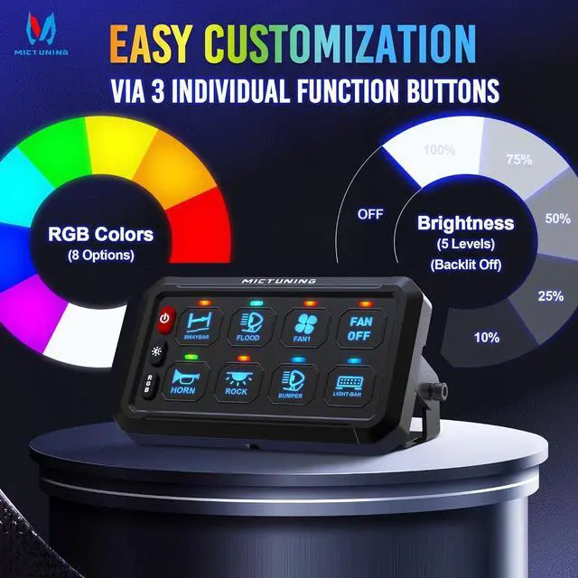 Alt view image 2 of 7 - P1B RGB 8 Gang Switch Panel, Multifunction Toggle Momentary Flash Strobe Pulsed Switch Pod with Backlit Off, 5-Level Brightness Circuit Control Relay System Box for Truck RV Offroad Marine