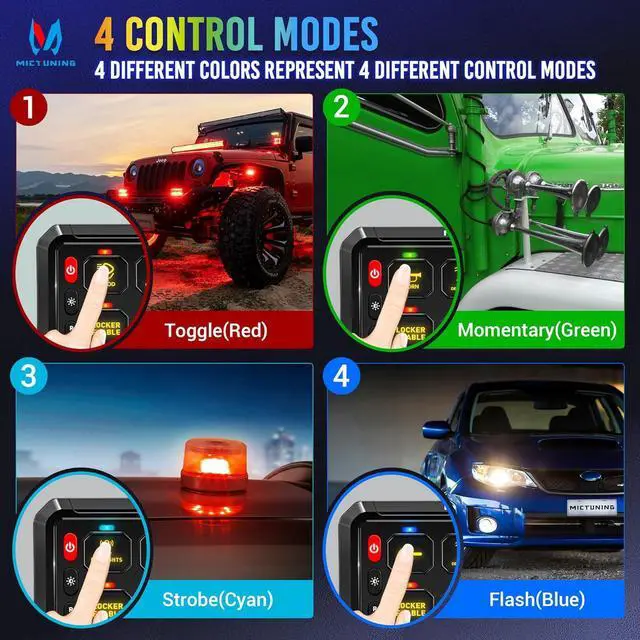 Alt view image 3 of 7 - P1B RGB 8 Gang Switch Panel, Multifunction Toggle Momentary Flash Strobe Pulsed Switch Pod with Backlit Off, 5-Level Brightness Circuit Control Relay System Box for Truck RV Offroad Marine